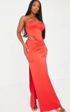 Shape Red Satin Low Rise Maxi Skirt