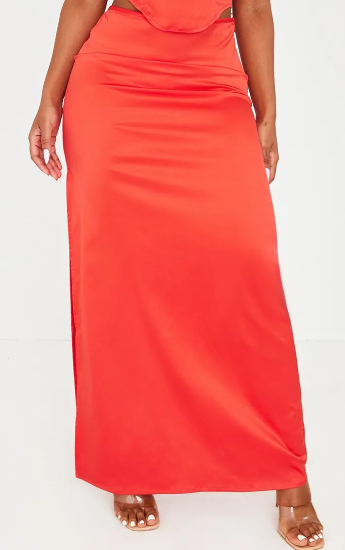 Shape Red Satin Low Rise Maxi Skirt