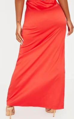 Shape Red Satin Low Rise Maxi Skirt