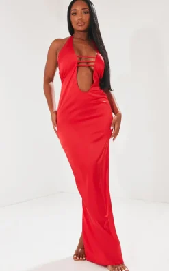 Shape Red Satin Plunge Front Halterneck Maxi Dress