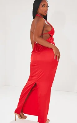 Shape Red Satin Plunge Front Halterneck Maxi Dress