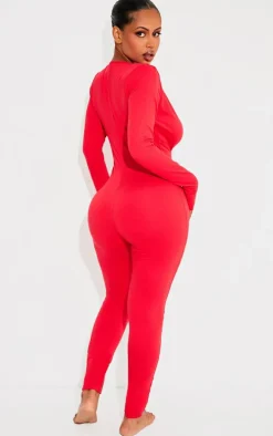Shape Red Sculpted Long Sleeve Plunge Front Jumpsuit