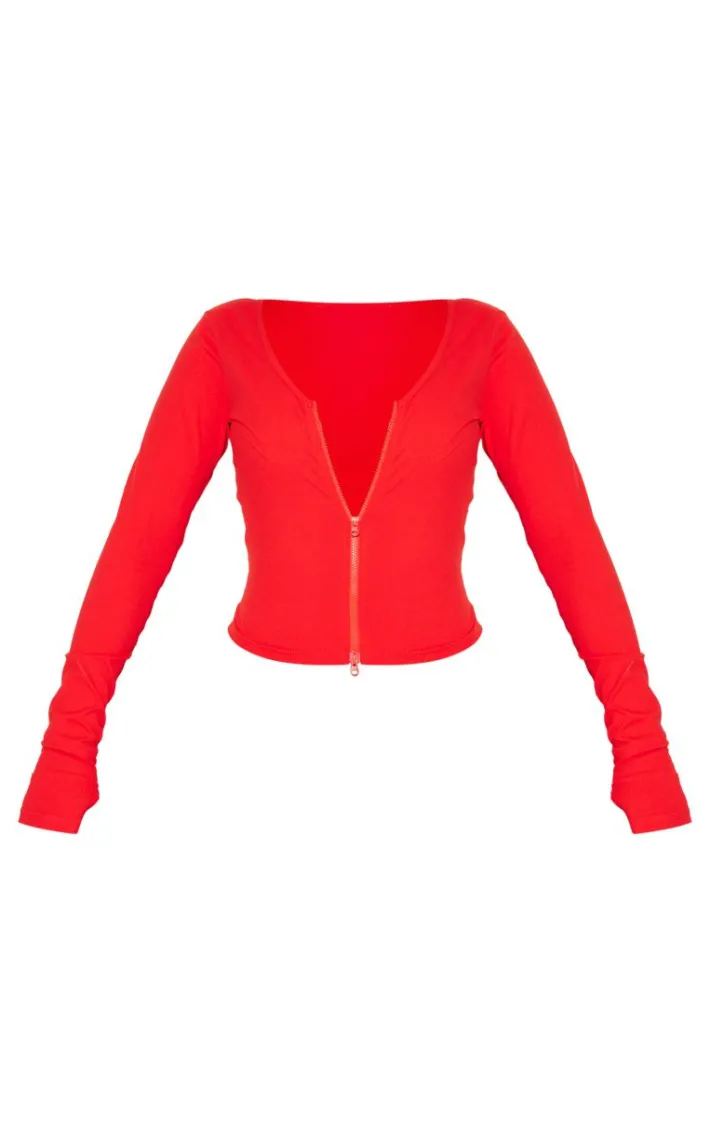 Shape Red Sculpted Zip Long Sleeve Through Top