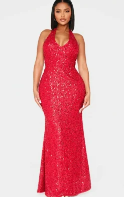 Shape Red Sequin Halter Neck Deep Plunge Maxi Dress