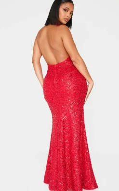 Shape Red Sequin Halter Neck Deep Plunge Maxi Dress