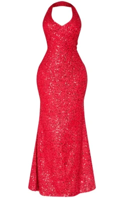 Shape Red Sequin Halter Neck Deep Plunge Maxi Dress
