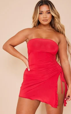 Shape Red Slinky Bandeau Ruched Side Frill Hem Bodycon Dress