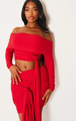 Shape Red Slinky Bardot Knot Side Crop Top
