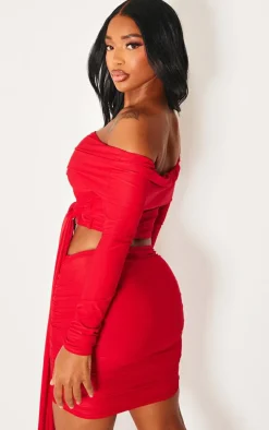 Shape Red Slinky Bardot Knot Side Crop Top