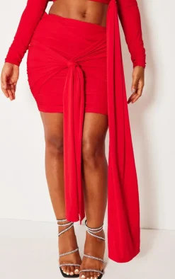 Shape Red Slinky Ruched Knot Side Mini Skirt