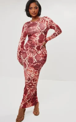 Shape Red Slinky Snake Print Long Sleeve Maxi Dress