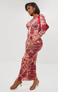 Shape Red Slinky Snake Print Long Sleeve Maxi Dress