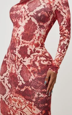 Shape Red Slinky Snake Print Long Sleeve Maxi Dress
