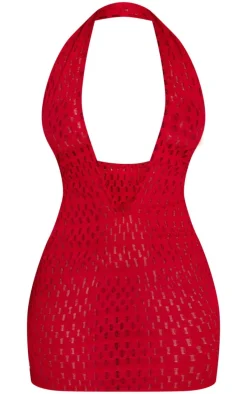 Shape Red Textured Halterneck Plunge Mini Dress