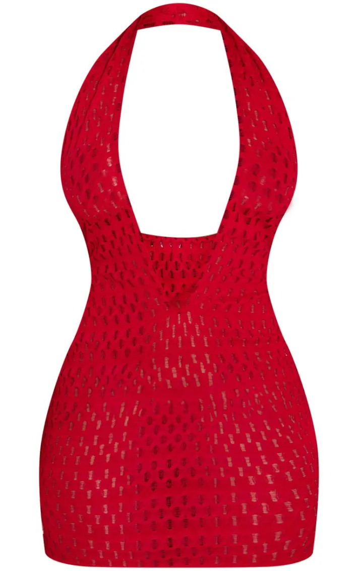 Shape Red Textured Halterneck Plunge Mini Dress