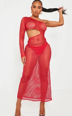 Shape Red Textured Sheer Cut Out One Shoulder Maxi Dress