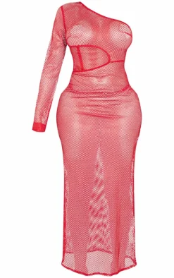 Shape Red Textured Sheer Cut Out One Shoulder Maxi Dress