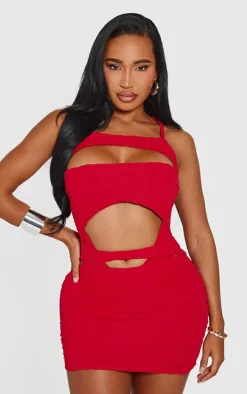Shape Red Textured Strappy High Rise Bodysuit