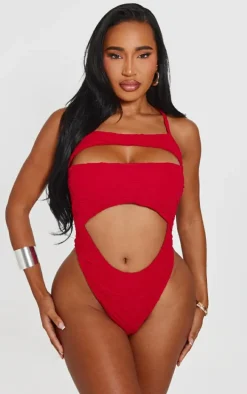 Shape Red Textured Strappy High Rise Bodysuit