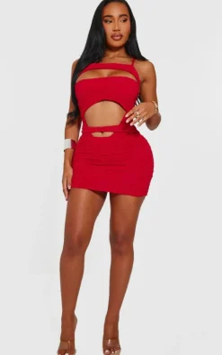 Shape Red Textured Strappy High Rise Bodysuit