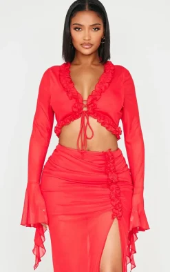Shape Red Tie Front Frill Edge Flare Sleeve Top