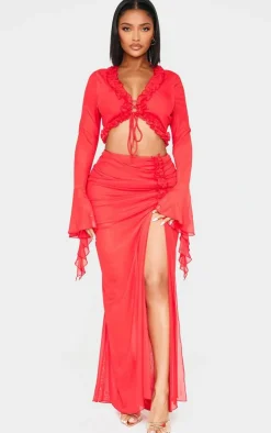 Shape Red Tie Front Frill Edge Flare Sleeve Top