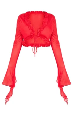 Shape Red Tie Front Frill Edge Flare Sleeve Top