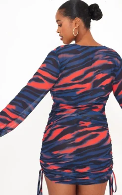 Shape Red Tiger Printed Woven Extreme Plunge Mini Dress