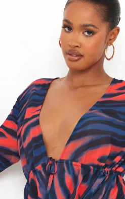 Shape Red Tiger Printed Woven Extreme Plunge Mini Dress