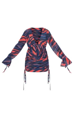 Shape Red Tiger Printed Woven Extreme Plunge Mini Dress