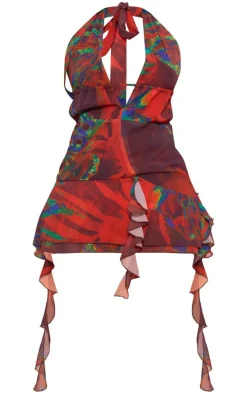 Shape Red Tropical Printed Woven Extreme Plunge Dress