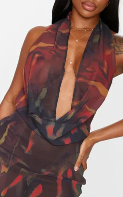 Shape Red Tropical Printed Cowl Neck Frill Detail Bodycon Dress