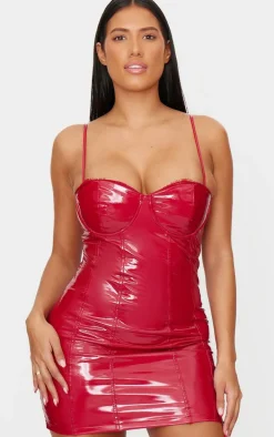 Shape Red Vinyl Lace Trim Corseted Mini Dress