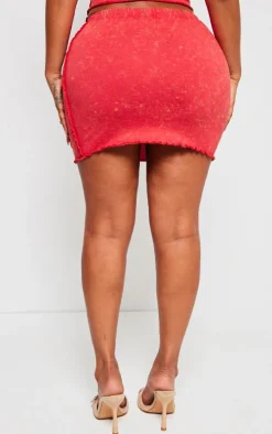 Shape Red Washed Cotton Seam Lettuce Hem Skirt