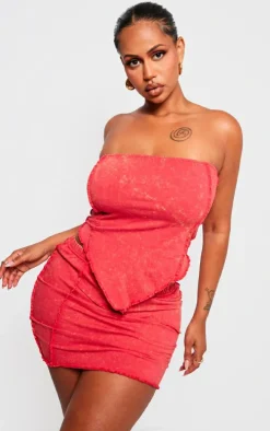 Shape Red Washed Cotton Seam Lettuce Hem Skirt