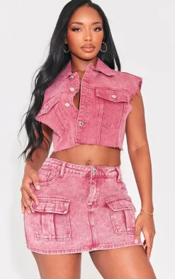 Shape Red Washed Denim Raw Hem Edge Cropped Jacket