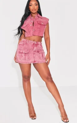 Shape Red Washed Denim Raw Hem Edge Cropped Jacket