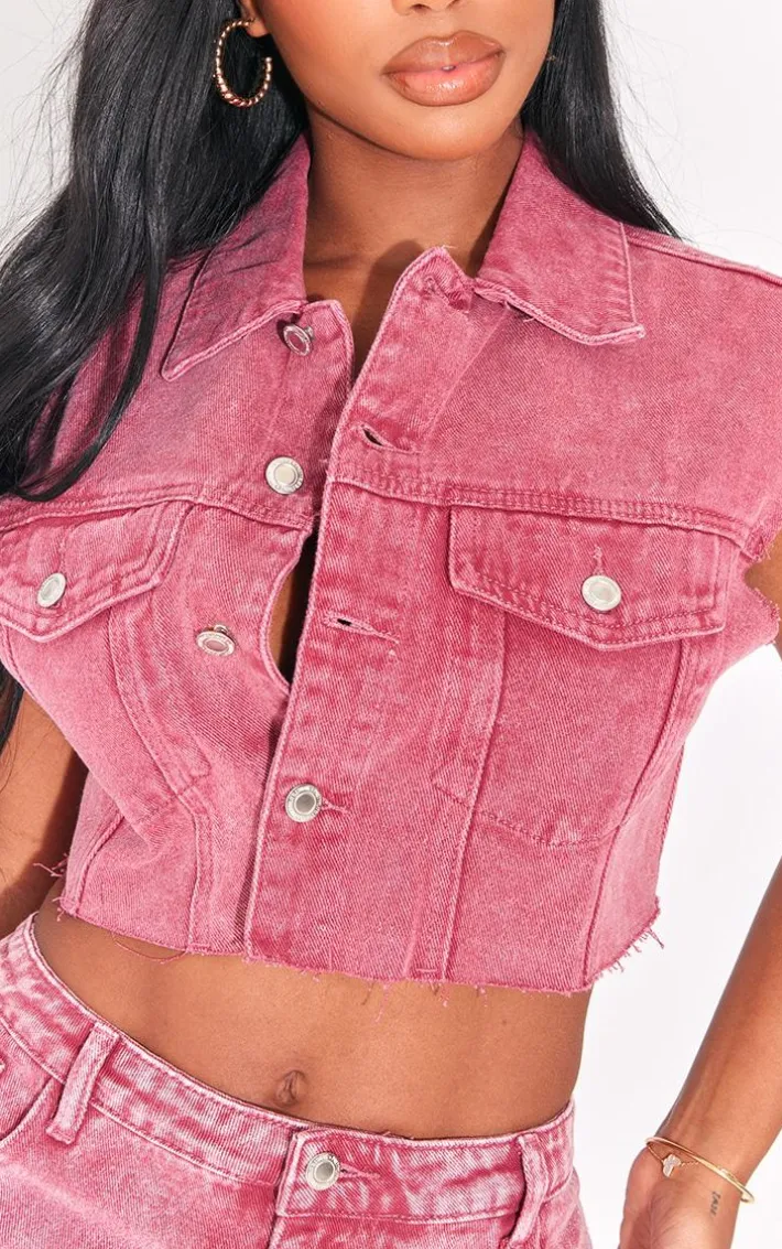 Shape Red Washed Denim Raw Hem Edge Cropped Jacket