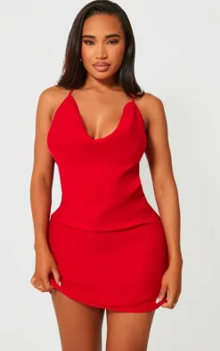Shape Red Woven Cowl Neck Lace Back Mini Dress
