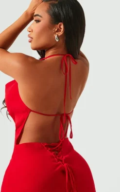 Shape Red Woven Cowl Neck Lace Back Mini Dress