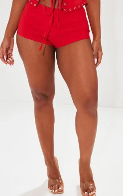Shape Red Woven Low Rise Hot Pants