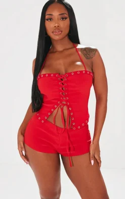 Shape Red Woven Low Rise Hot Pants