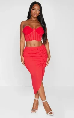 Shape Red Woven Ruched Midi Skirt