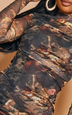 Shape Renaissance Print High Neck Mesh Bodycon Dress