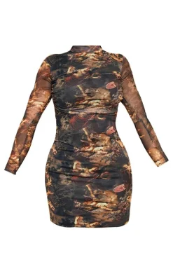 Shape Renaissance Print High Neck Mesh Bodycon Dress
