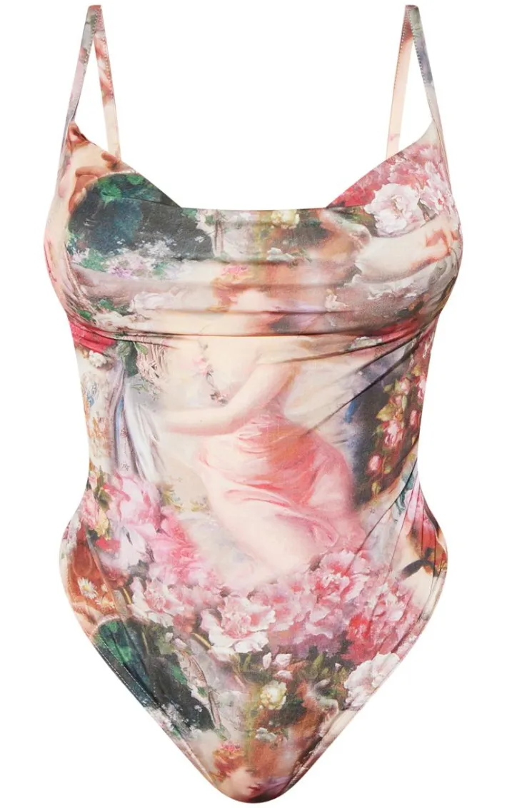 Shape Rose Femme Renaissance Print Slinky Cowl Neck Bodysuit