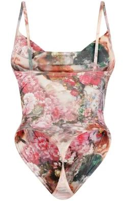 Shape Rose Femme Renaissance Print Slinky Cowl Neck Bodysuit