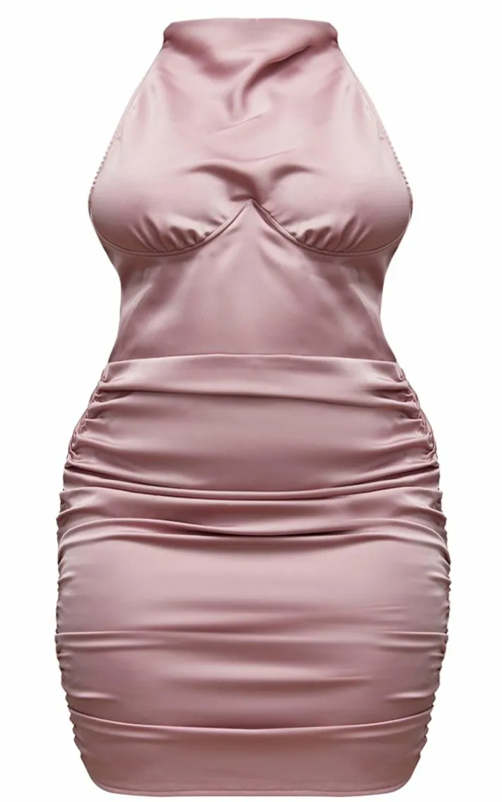 Shape Rose Satin Underbust Halteneck Ruched Bodycon Dress