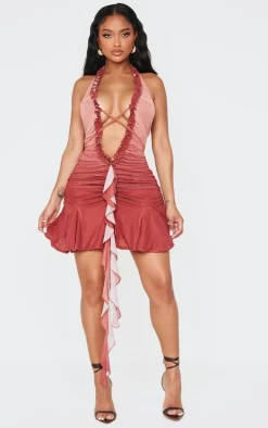Shape Rust Deep Plunge Frill Hem Mini Dress
