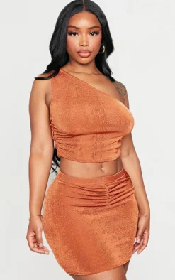 Shape Rust Slinky Acetate One Shoulder Crop Top